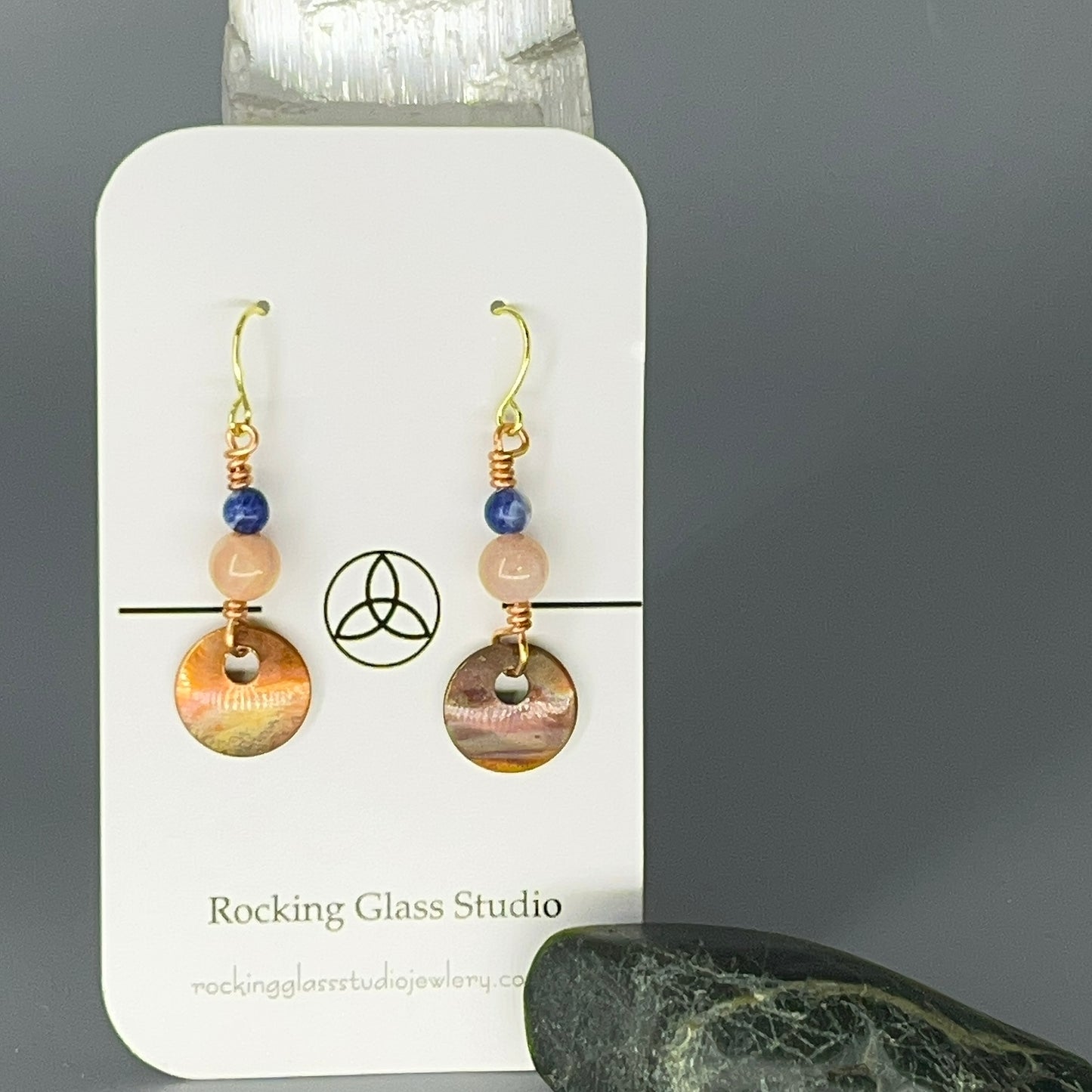 Copper Earrings Small Flame Painted Circle Dangles: Sodalite, Sunstone