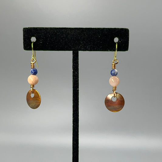 Copper Earrings Small Flame Painted Circle Dangles: Sodalite, Rose Quartz.