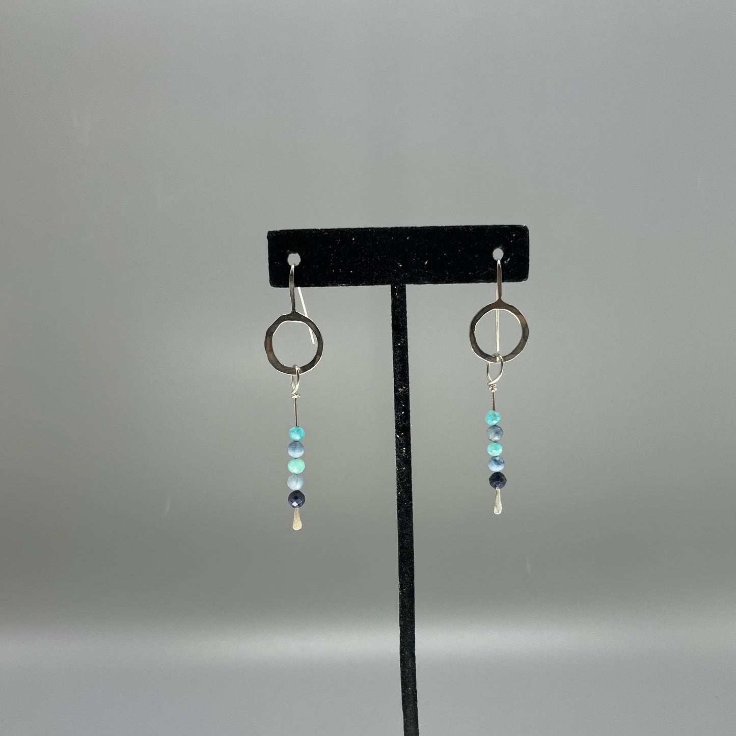 Sterling Silver Earrings, Amazonite, Aquamarine, & Sapphire Halo Dangle Earrings