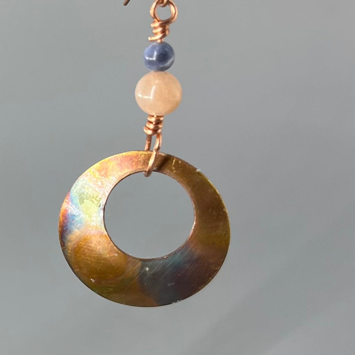 Copper Halo Earrings Flame Painted: Sodalite & Grey Moonstone