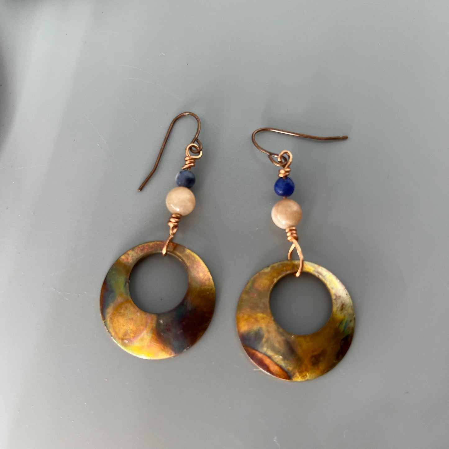 Copper Halo Earrings Flame Painted: Sodalite & Moonstone