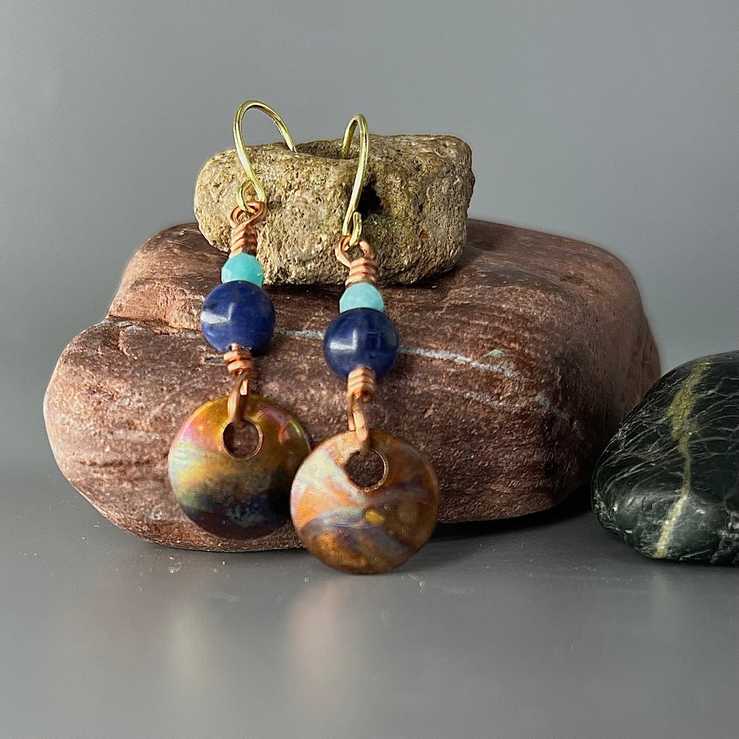 Copper Earrings Small Flame Painted Circle Dangles: 3mm Amazonite, 6mm Sodalite