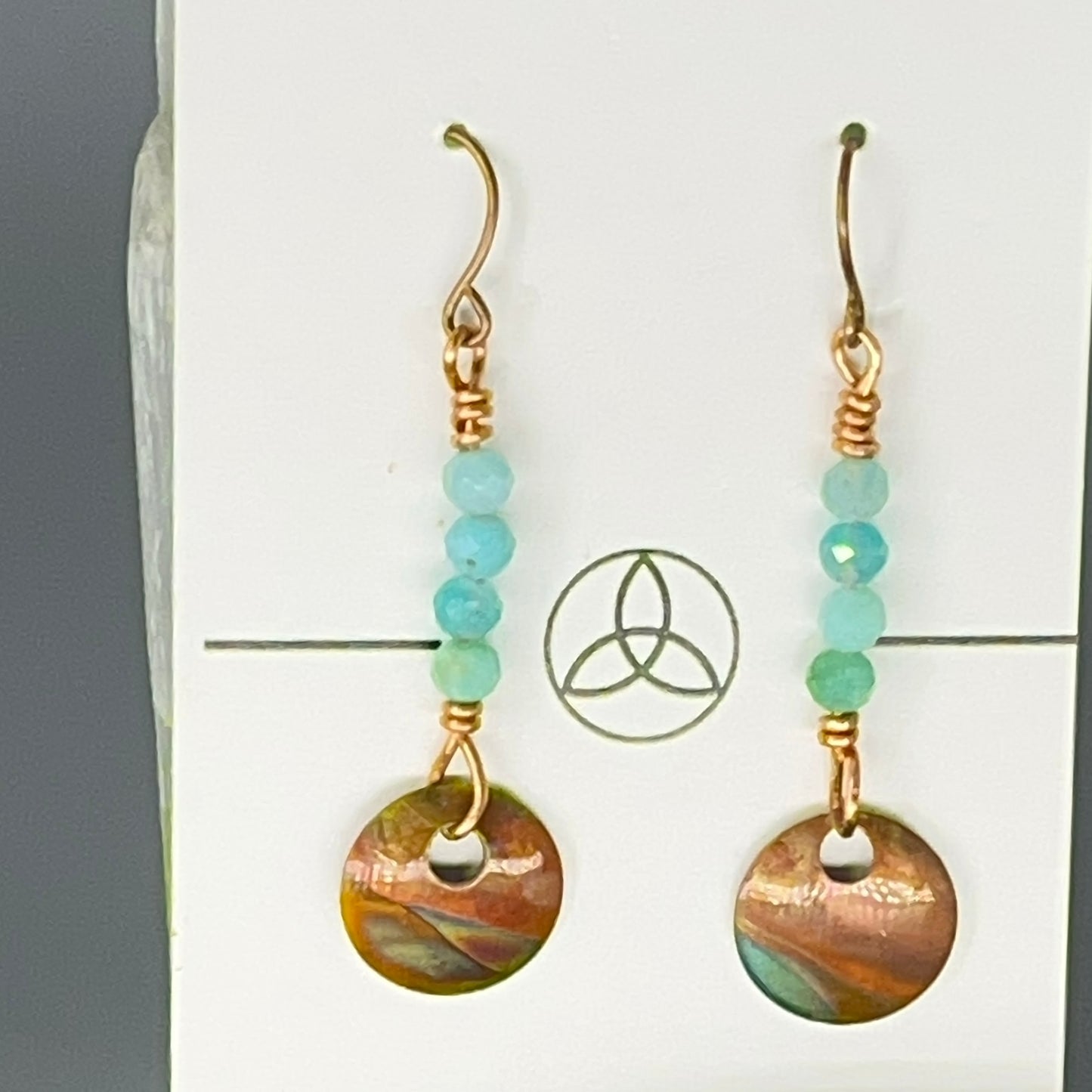 Copper Earrings Small Flame Painted Circle Dangles; Peruvian Amazonite